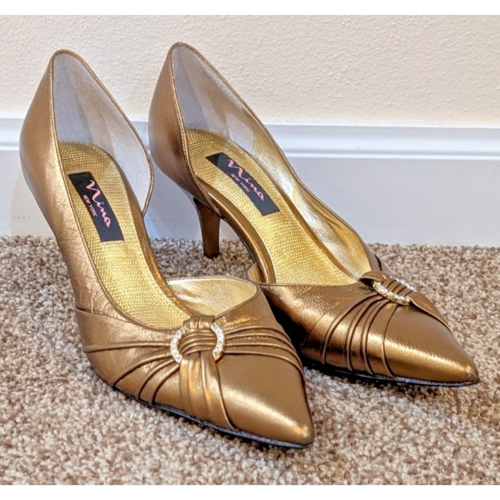 Nina New York Formal High Heels Golden Bronze Shoes  Disco 80s aesthetic Sz: 7 M